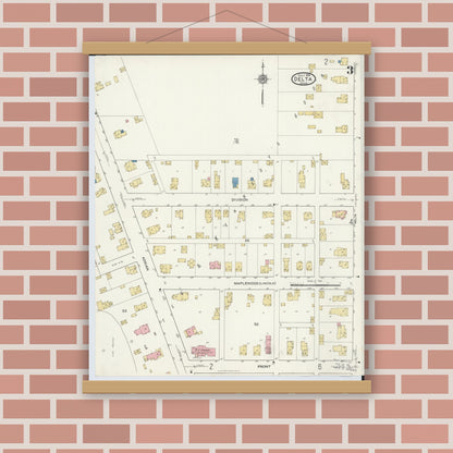 Old map wall art mockup — magnetic wood frame on brick wall — Sanborn Fire Insurance Map from Delta, Fulton County, Ohio (1916), Sheet #0003
