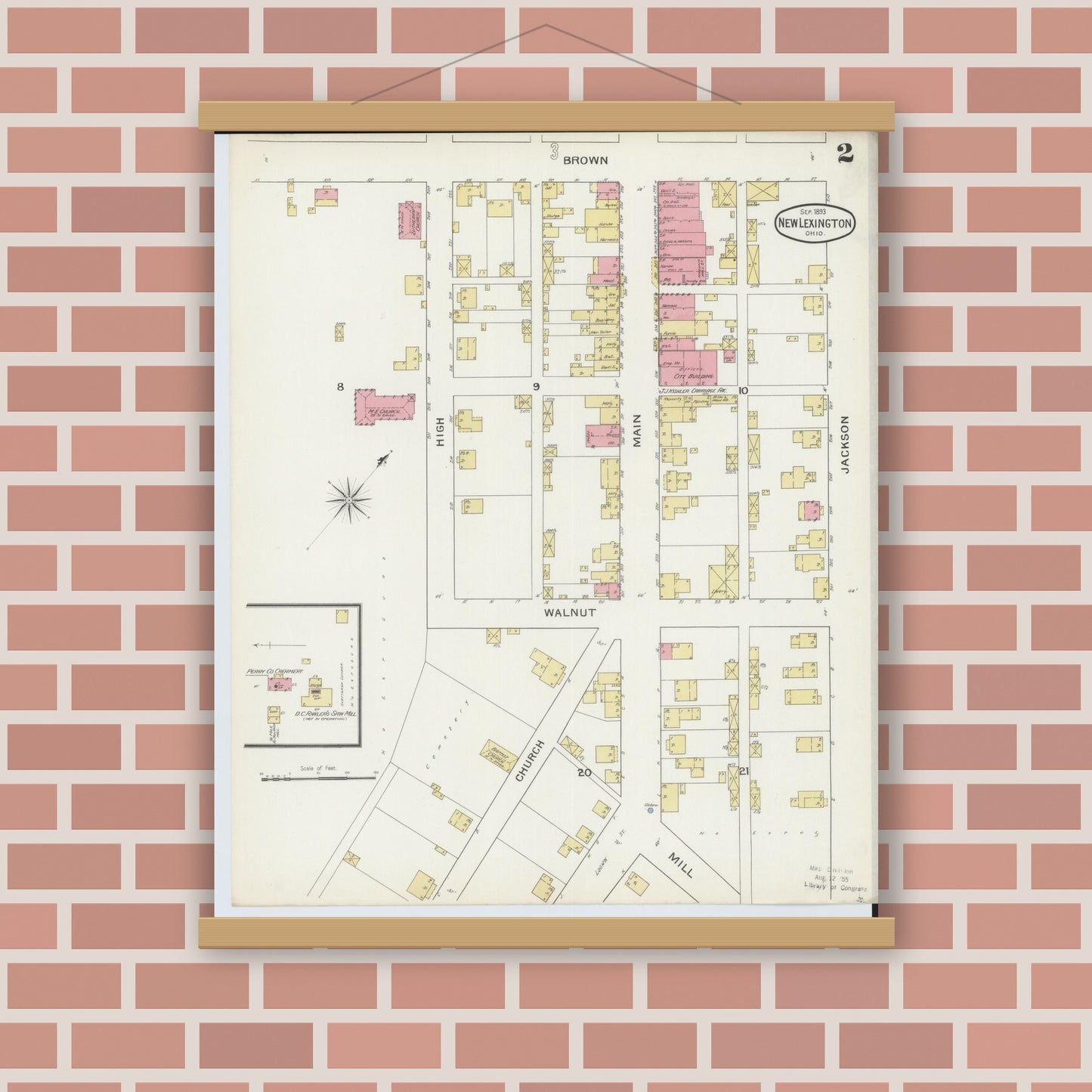 Old map wall art mockup — magnetic wood frame on brick wall — Sanborn Fire Insurance Map from New Lexington, Perry County, Ohio (1893), Sheet #0002