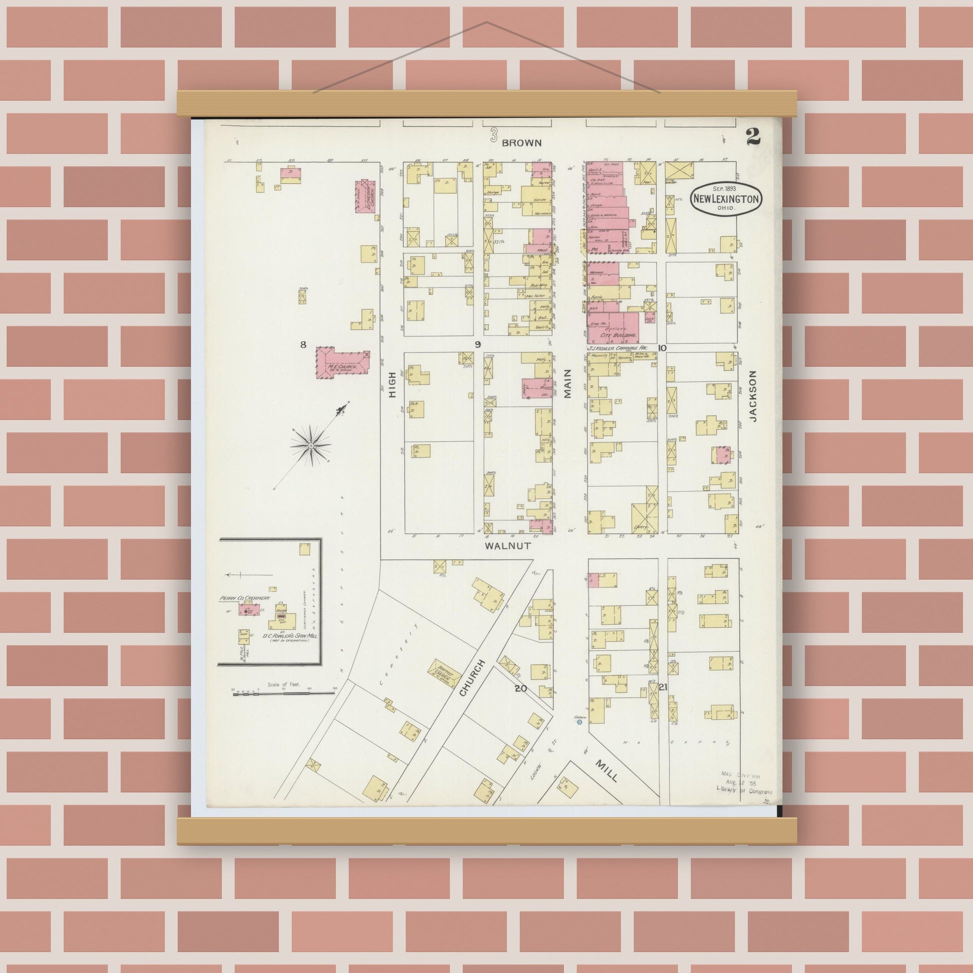 Old map wall art mockup — magnetic wood frame on brick wall — Sanborn Fire Insurance Map from New Lexington, Perry County, Ohio (1893), Sheet #0002