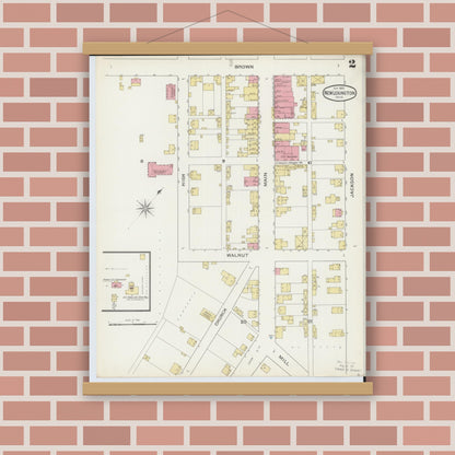 Old map wall art mockup — magnetic wood frame on brick wall — Sanborn Fire Insurance Map from New Lexington, Perry County, Ohio (1893), Sheet #0002