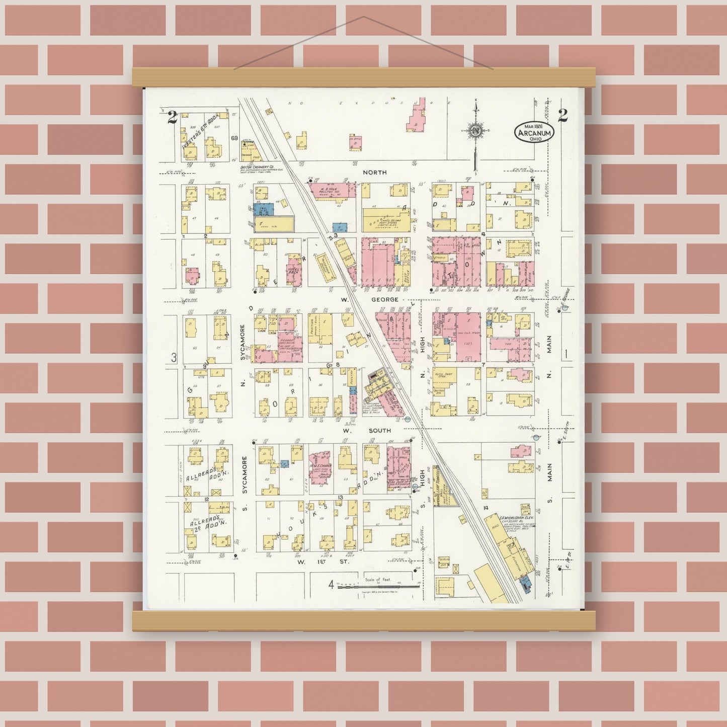 Old map wall art mockup — magnetic wood frame on brick wall — Sanborn Fire Insurance Map from Arcanum, Darke County, Ohio (1926), Sheet #0002