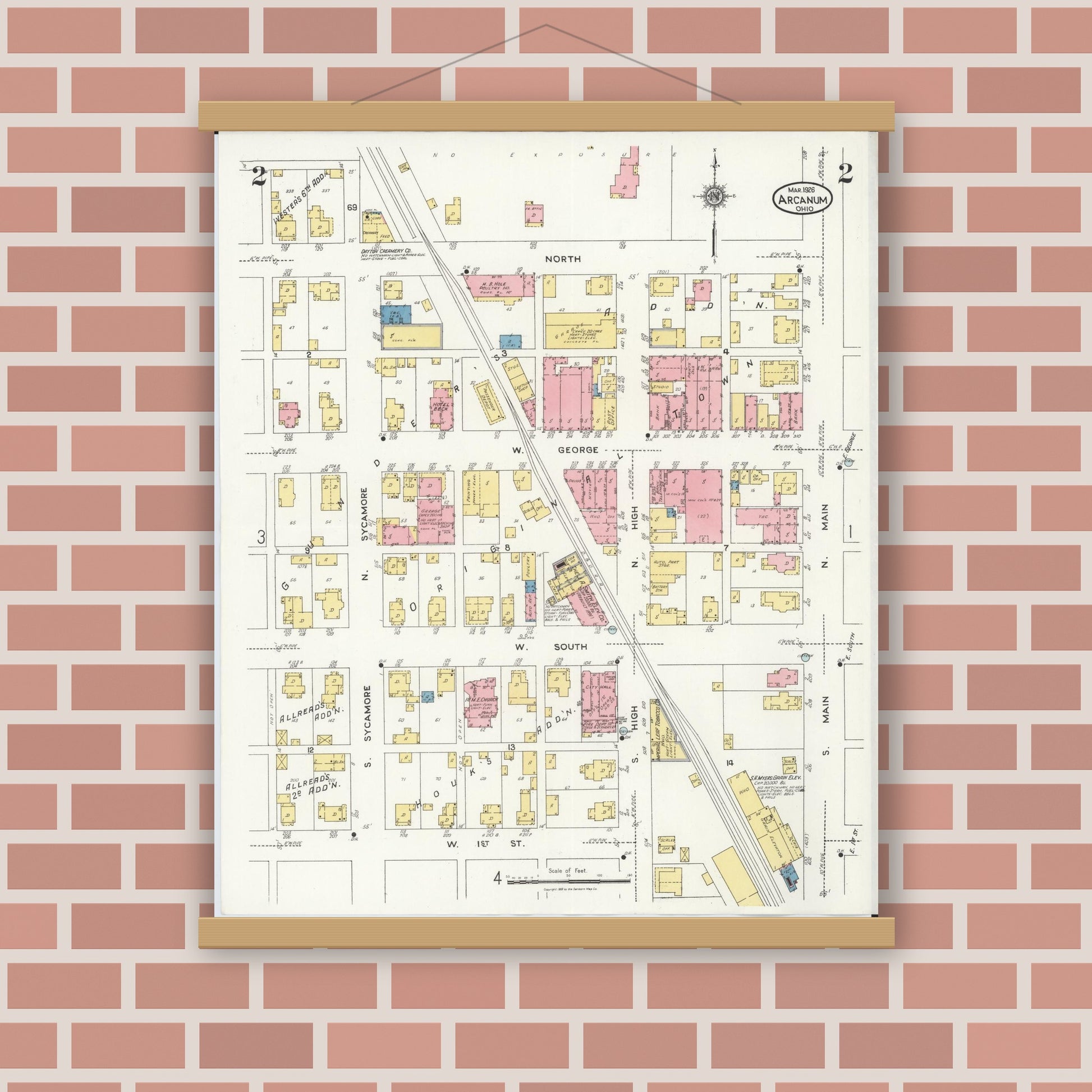 Old map wall art mockup — magnetic wood frame on brick wall — Sanborn Fire Insurance Map from Arcanum, Darke County, Ohio (1926), Sheet #0002