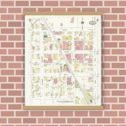 Old map wall art mockup — magnetic wood frame on brick wall — Sanborn Fire Insurance Map from Arcanum, Darke County, Ohio (1926), Sheet #0002