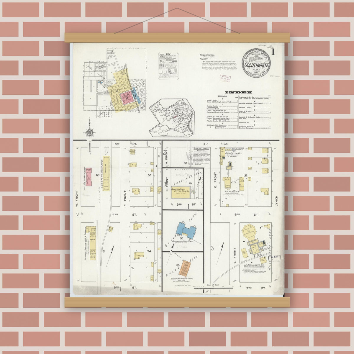 Old map wall art mockup — magnetic wood frame on brick wall — Sanborn Fire Insurance Map from Goldthwaite, Mills County, Texas (1915) - Complete Map Set