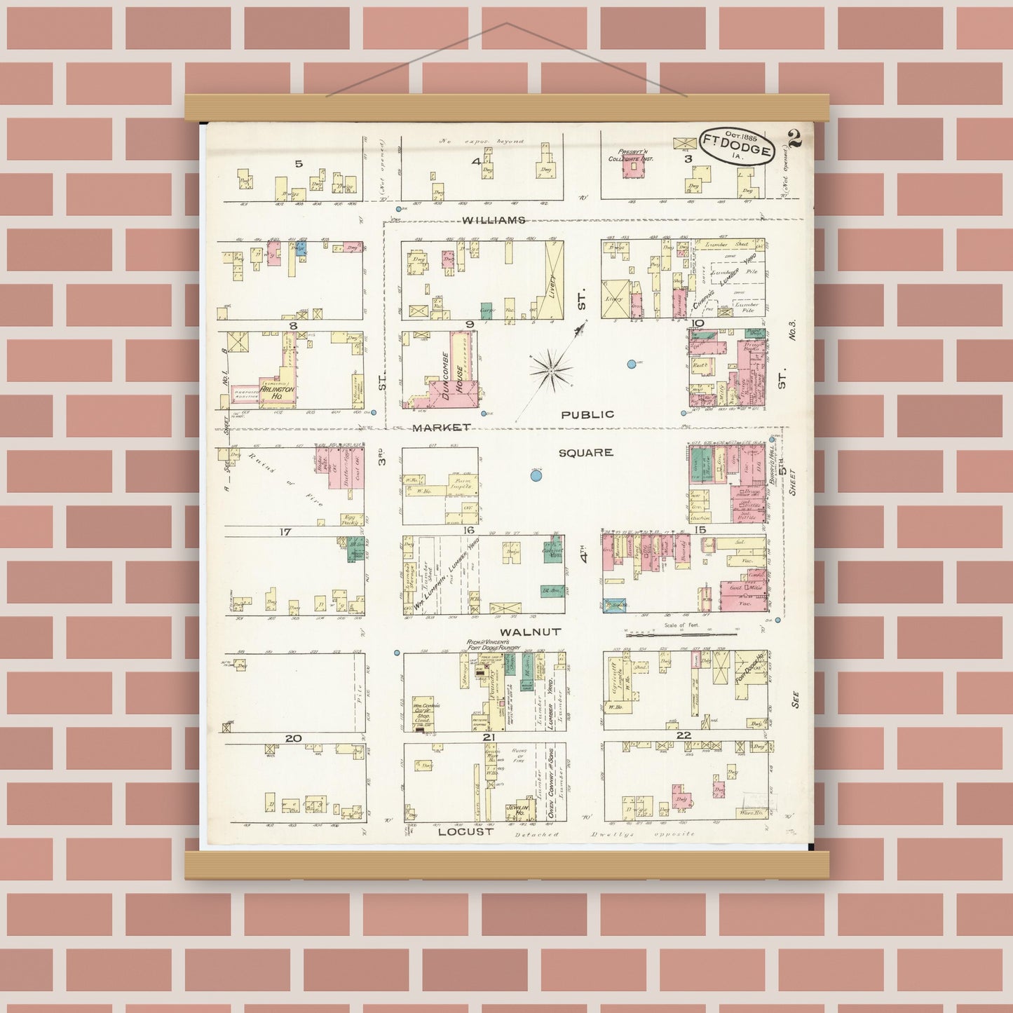 Old map wall art mockup — magnetic wood frame on brick wall — Sanborn Fire Insurance Map from Fort Dodge, Webster County, Iowa (1885), Sheet #0002