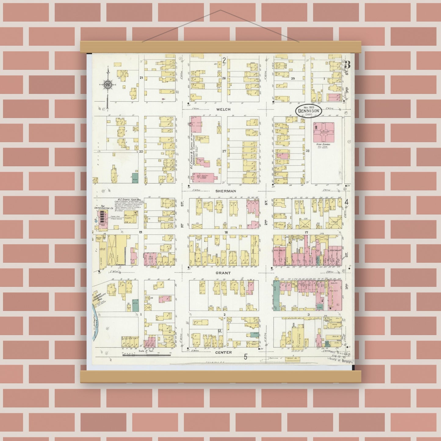 Old map wall art mockup — magnetic wood frame on brick wall — Sanborn Fire Insurance Map from Dennison, Tuscarawas County, Ohio (1909), Sheet #0003