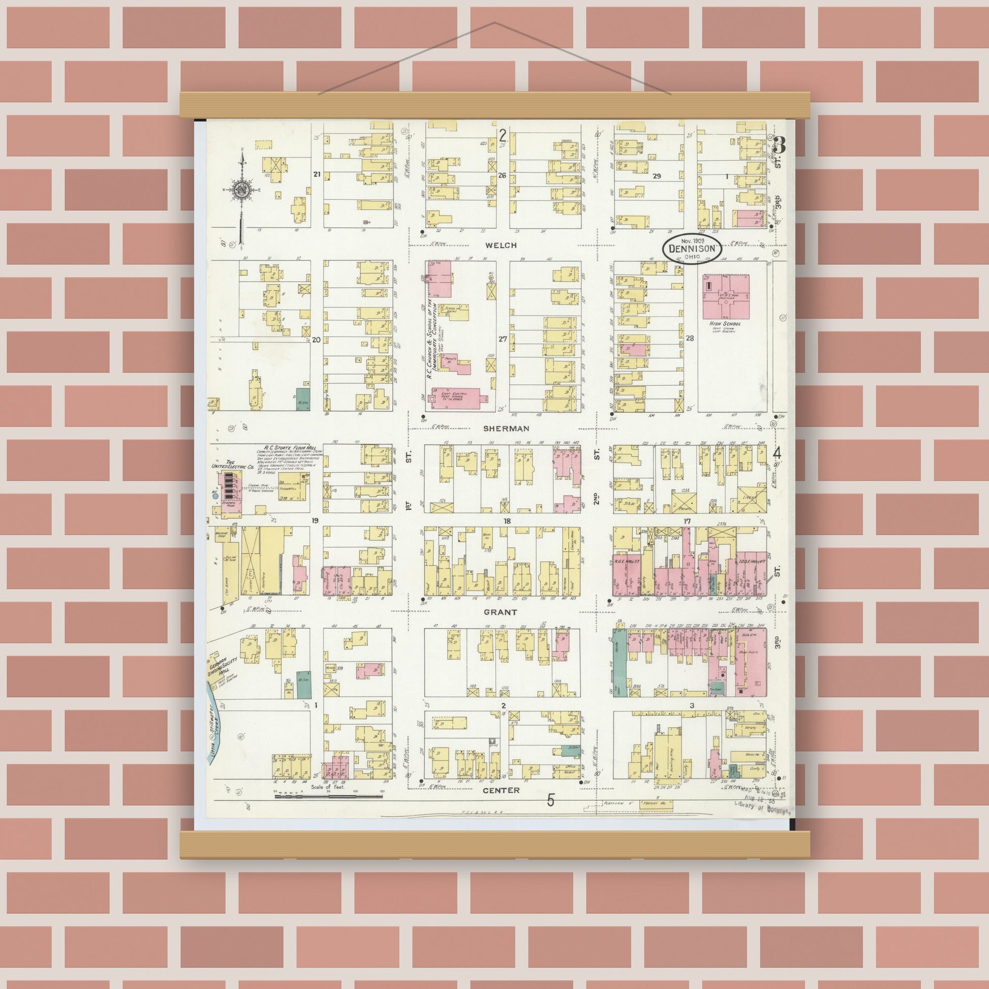 Old map wall art mockup — magnetic wood frame on brick wall — Sanborn Fire Insurance Map from Dennison, Tuscarawas County, Ohio (1909), Sheet #0003