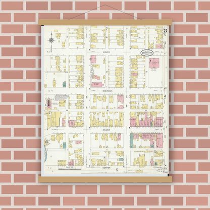 Old map wall art mockup — magnetic wood frame on brick wall — Sanborn Fire Insurance Map from Dennison, Tuscarawas County, Ohio (1909), Sheet #0003