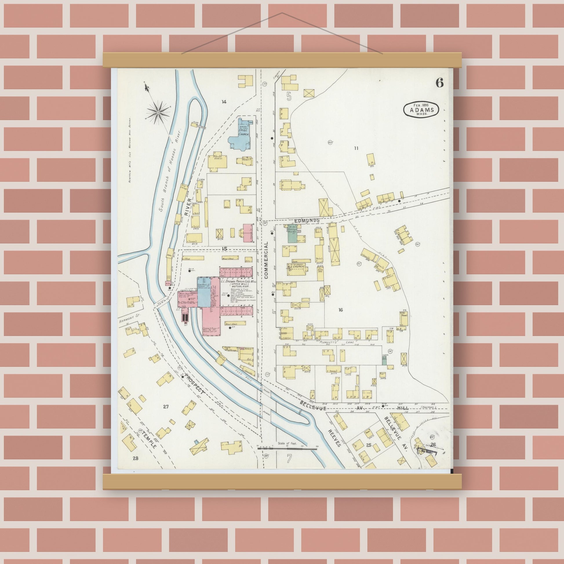 Old map wall art mockup — magnetic wood frame on brick wall — Sanborn Fire Insurance Map from Adams, Berkshire County, Massachusetts (1895), Sheet #0006