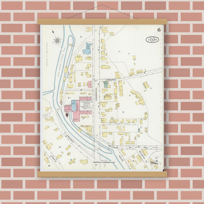 Old map wall art mockup — magnetic wood frame on brick wall — Sanborn Fire Insurance Map from Adams, Berkshire County, Massachusetts (1895), Sheet #0006