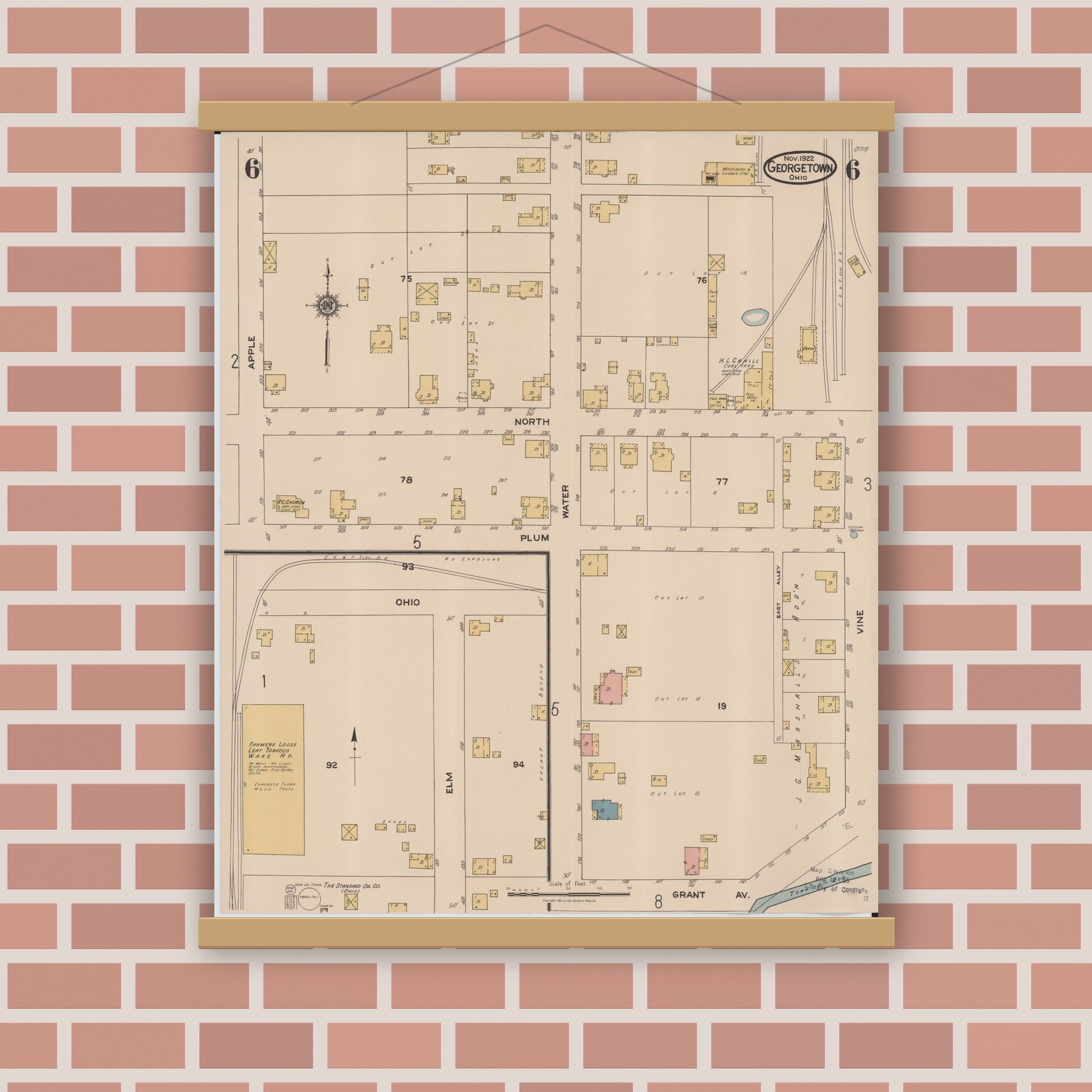 Old map wall art mockup — magnetic wood frame on brick wall — Sanborn Fire Insurance Map from Georgetown, Brown County, Ohio (1922), Sheet #0006
