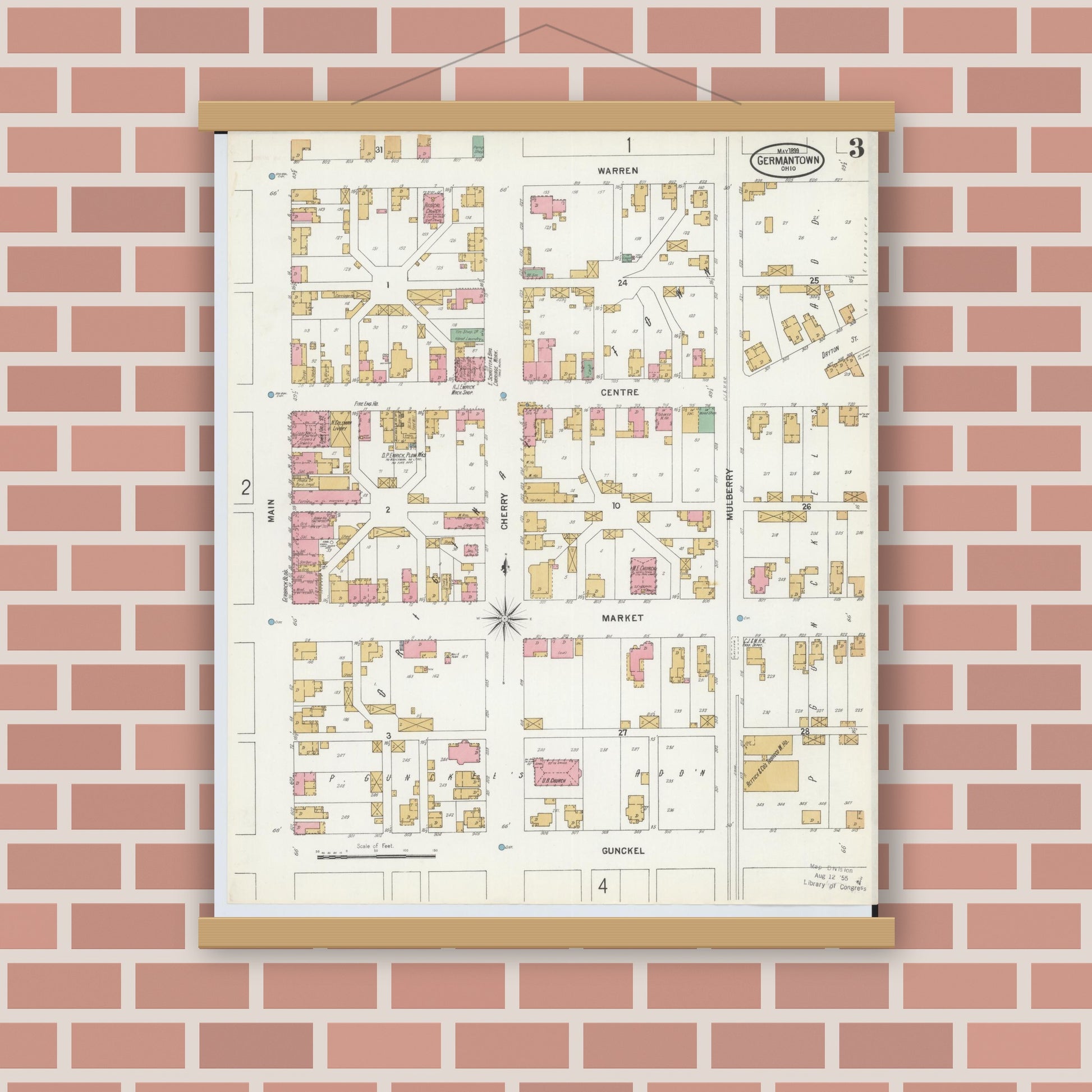 Old map wall art mockup — magnetic wood frame on brick wall — Sanborn Fire Insurance Map from Germantown, Montgomery County, Ohio (1899), Sheet #0003