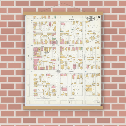 Old map wall art mockup — magnetic wood frame on brick wall — Sanborn Fire Insurance Map from Germantown, Montgomery County, Ohio (1899), Sheet #0003