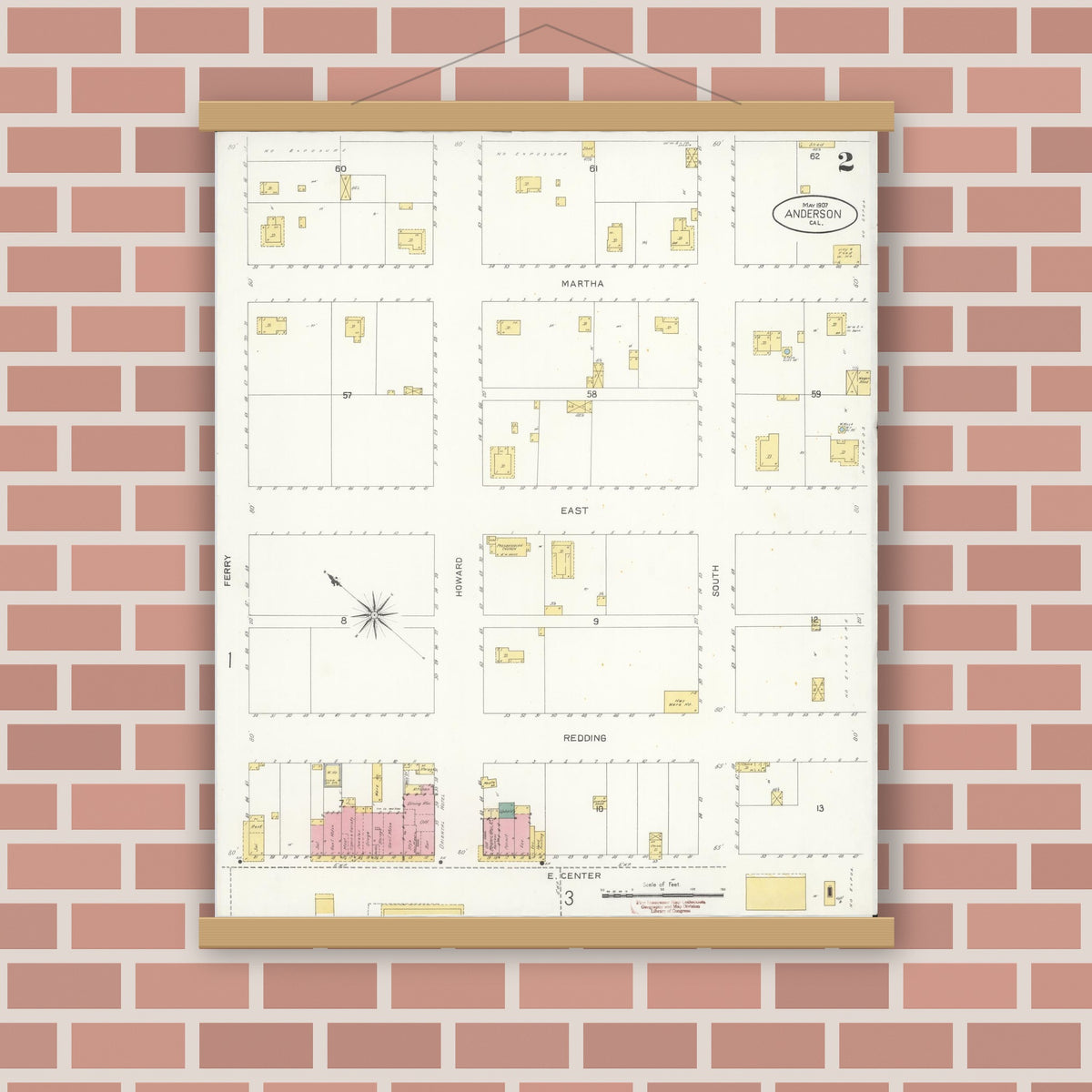 Old map wall art mockup — magnetic wood frame on brick wall — Sanborn Fire Insurance Map from Anderson, Shasta County, California (1907), Sheet #0002
