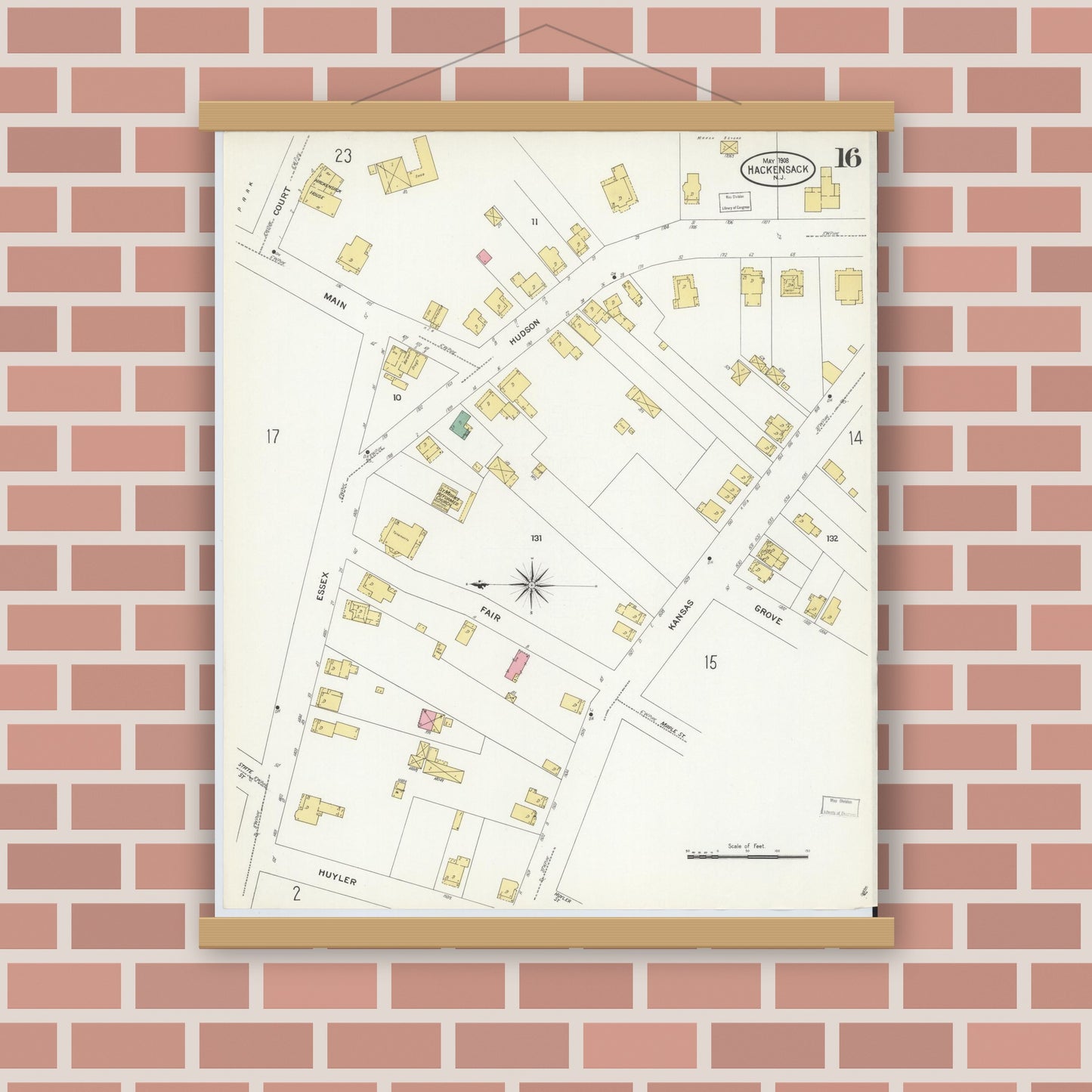 Old map wall art mockup — magnetic wood frame on brick wall — Sanborn Fire Insurance Map from Hackensack, Bergen County, New Jersey (1908), Sheet #0016
