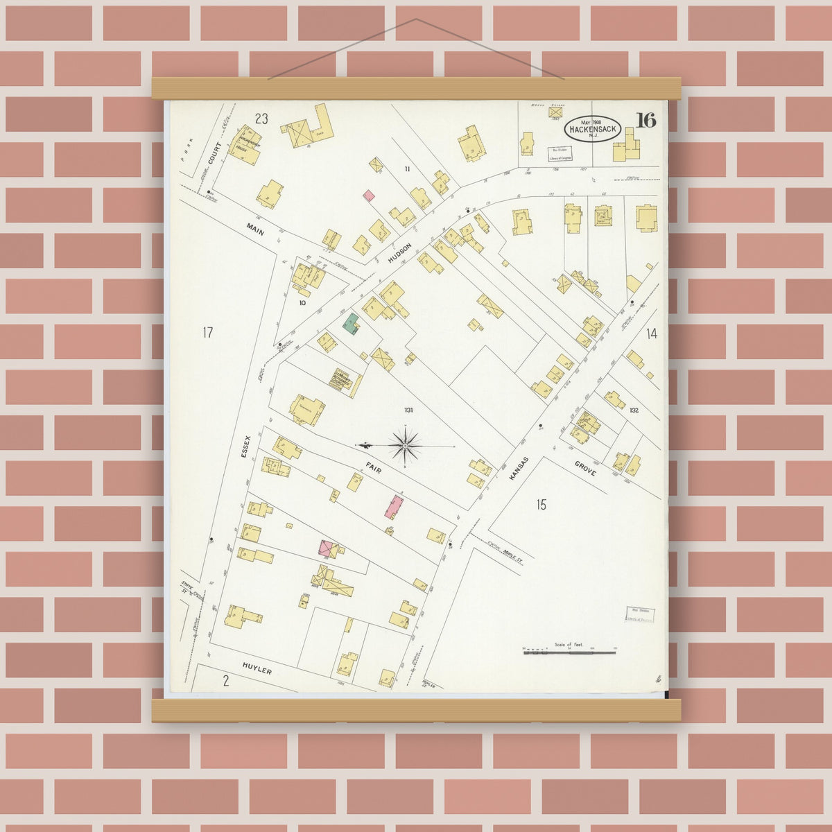 Old map wall art mockup — magnetic wood frame on brick wall — Sanborn Fire Insurance Map from Hackensack, Bergen County, New Jersey (1908), Sheet #0016