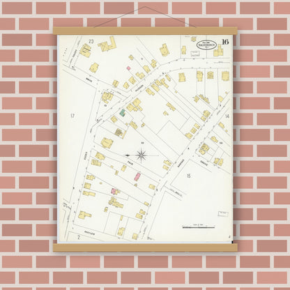 Old map wall art mockup — magnetic wood frame on brick wall — Sanborn Fire Insurance Map from Hackensack, Bergen County, New Jersey (1908), Sheet #0016