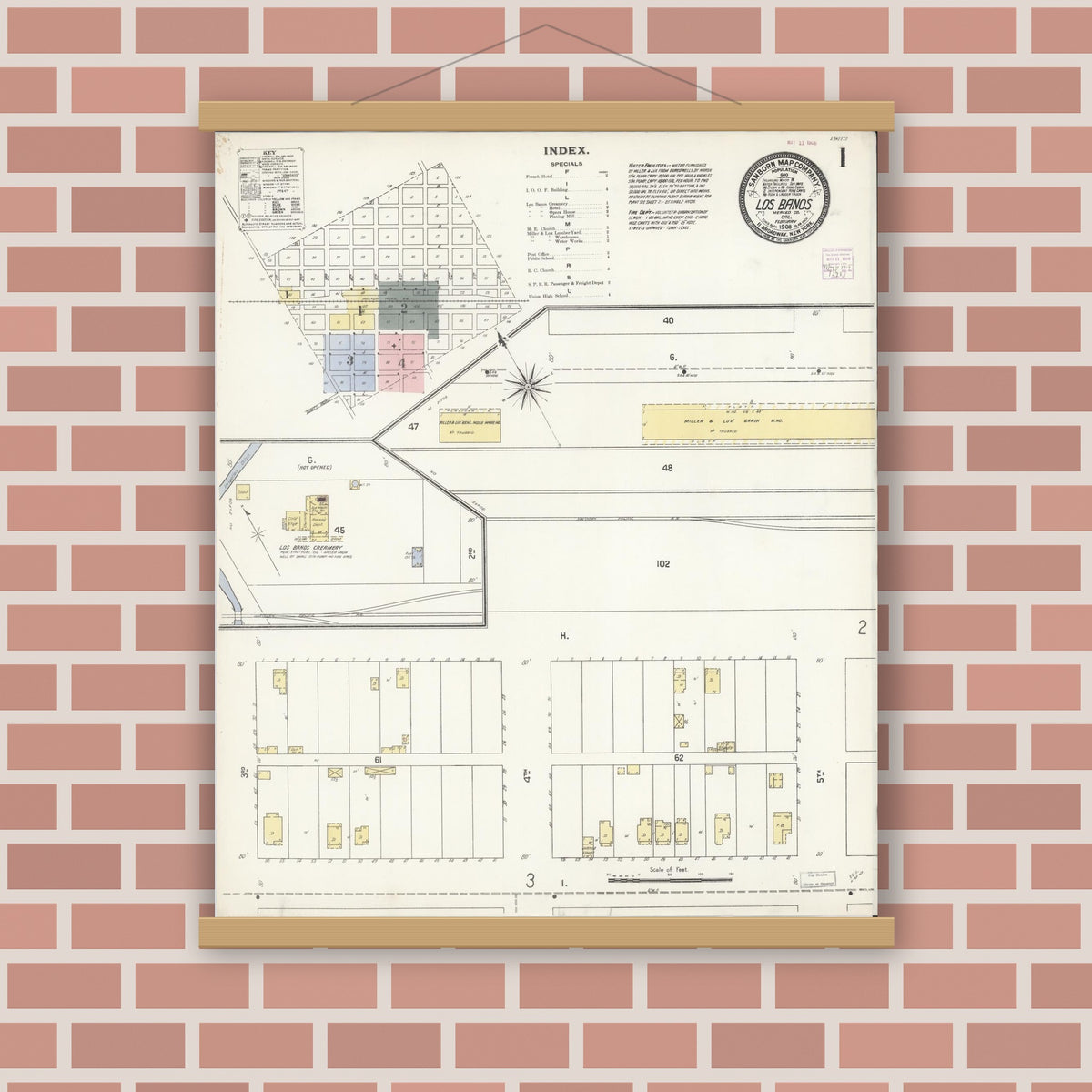 Old map wall art mockup — magnetic wood frame on brick wall — Sanborn Fire Insurance Map from Los Banos, Merced County, California (1908) - Complete Map Set