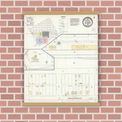 Old map wall art mockup — magnetic wood frame on brick wall — Sanborn Fire Insurance Map from Los Banos, Merced County, California (1908) - Complete Map Set