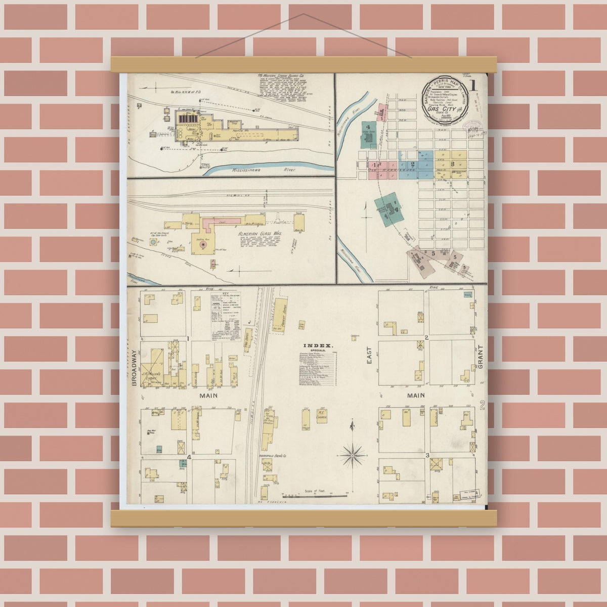 Old map wall art mockup — magnetic wood frame on brick wall — Sanborn Fire Insurance Map from Gas City, Grant County, Indiana (1893), Sheet #0001