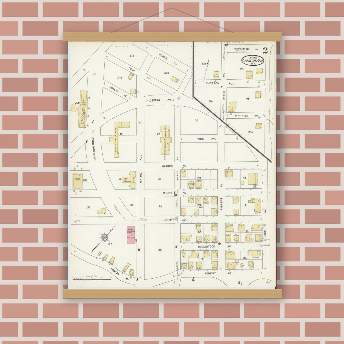 Old map wall art mockup — magnetic wood frame on brick wall — Sanborn Fire Insurance Map from Chautauqua, Chautauqua County, New York (1912), Sheet #0002