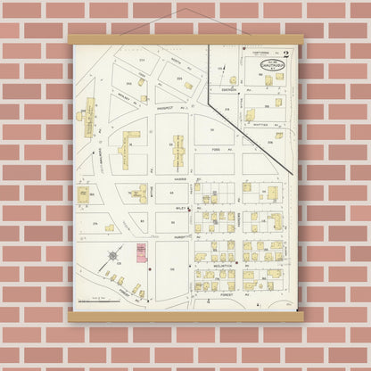 Old map wall art mockup — magnetic wood frame on brick wall — Sanborn Fire Insurance Map from Chautauqua, Chautauqua County, New York (1912), Sheet #0002