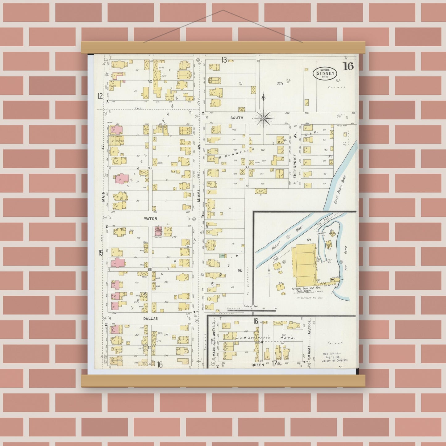 Old map wall art mockup — magnetic wood frame on brick wall — Sanborn Fire Insurance Map from Sidney, Shelby County, Ohio (1898), Sheet #0016