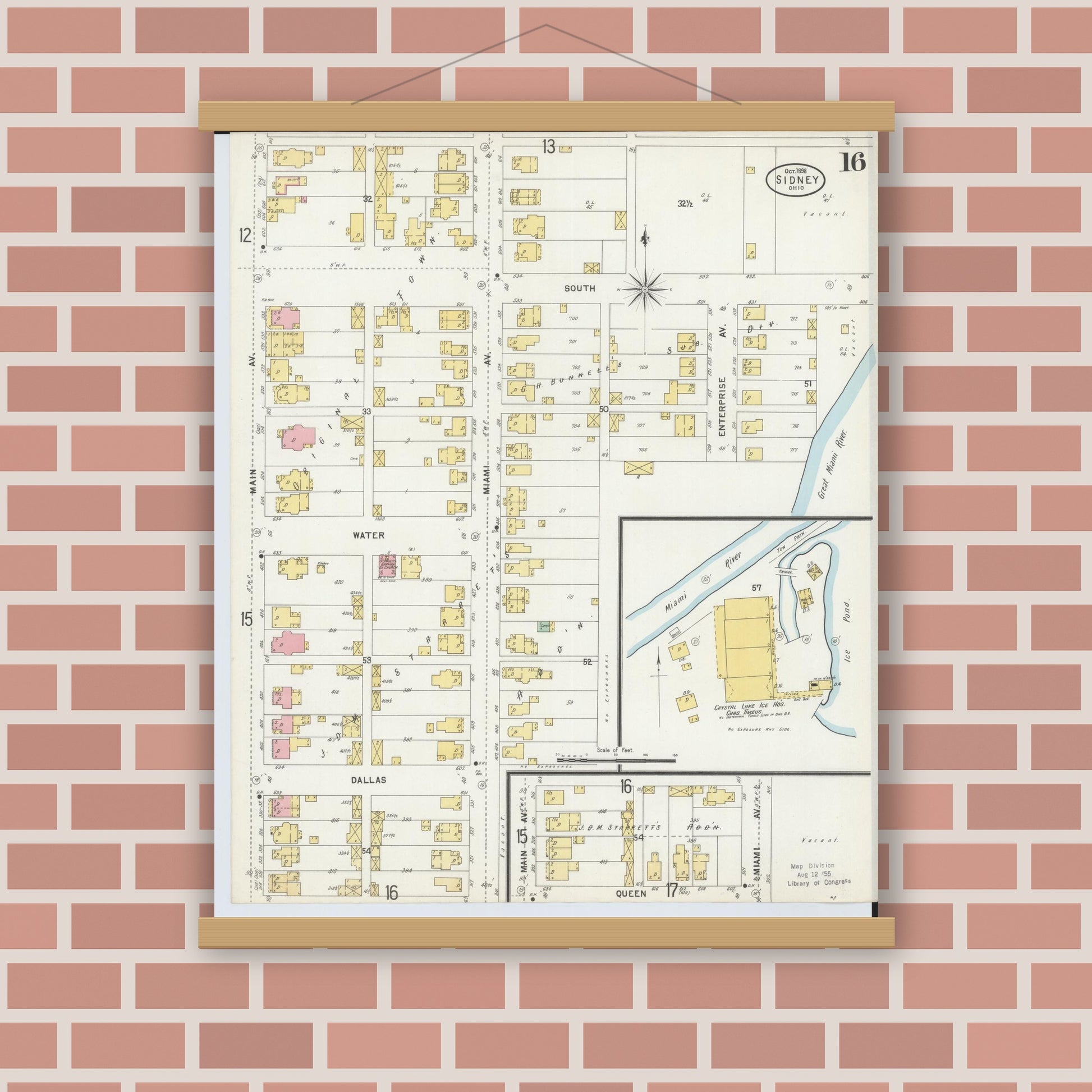 Old map wall art mockup — magnetic wood frame on brick wall — Sanborn Fire Insurance Map from Sidney, Shelby County, Ohio (1898), Sheet #0016