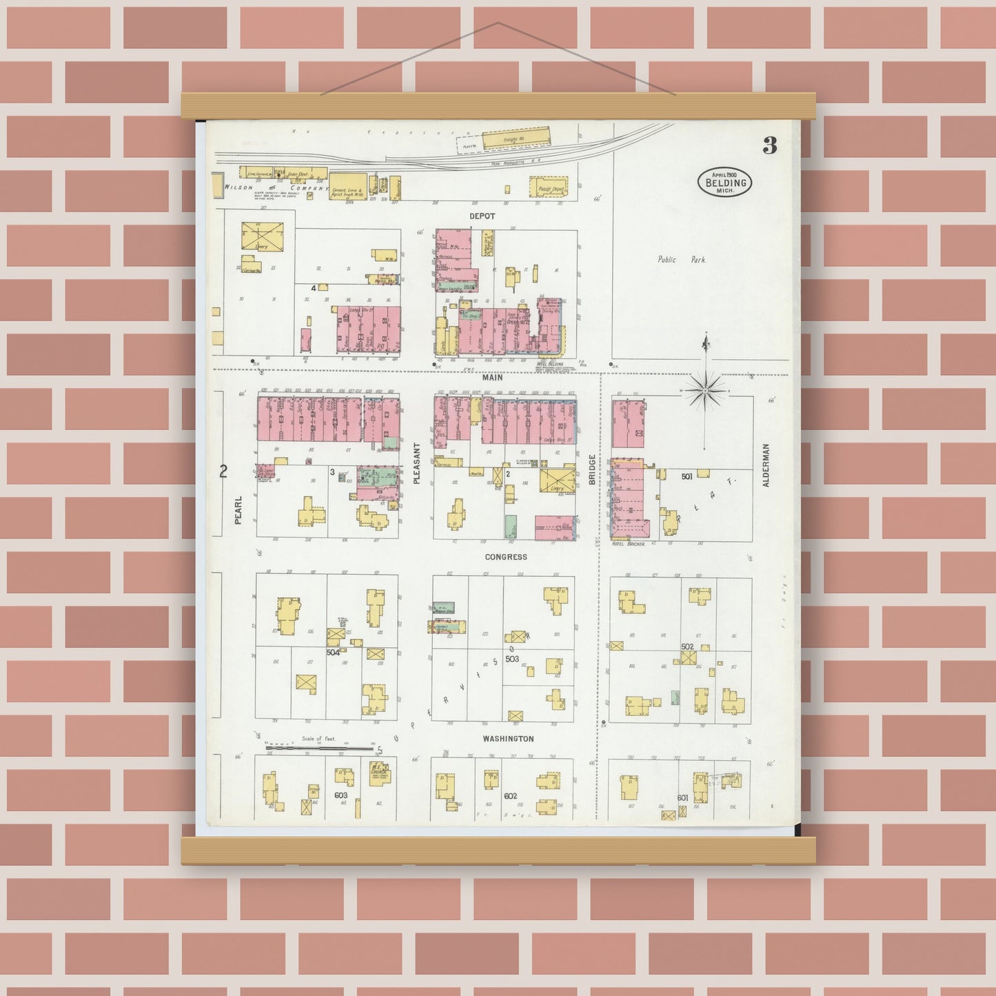 Old map wall art mockup — magnetic wood frame on brick wall — Sanborn Fire Insurance Map from Belding, Ionia County, Michigan (1900), Sheet #0003