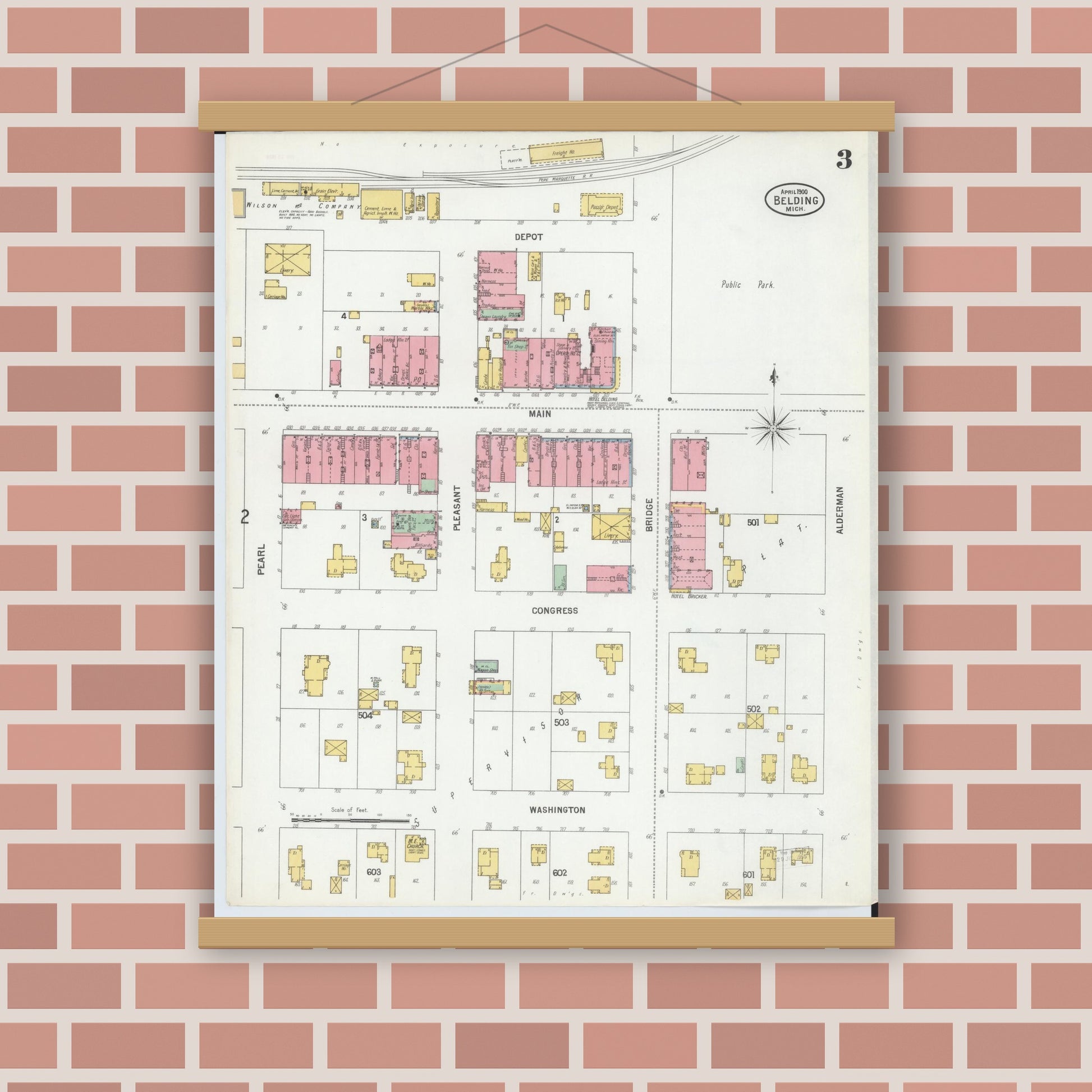 Old map wall art mockup — magnetic wood frame on brick wall — Sanborn Fire Insurance Map from Belding, Ionia County, Michigan (1900), Sheet #0003