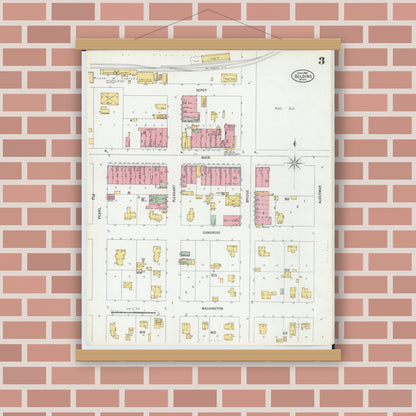 Old map wall art mockup — magnetic wood frame on brick wall — Sanborn Fire Insurance Map from Belding, Ionia County, Michigan (1900), Sheet #0003