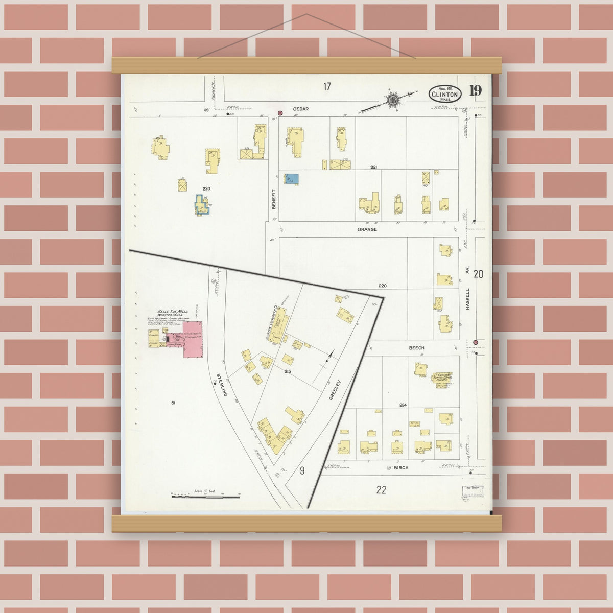 Old map wall art mockup — magnetic wood frame on brick wall — Sanborn Fire Insurance Map from Clinton, Worcester County, Massachusetts (1911), Sheet #0019