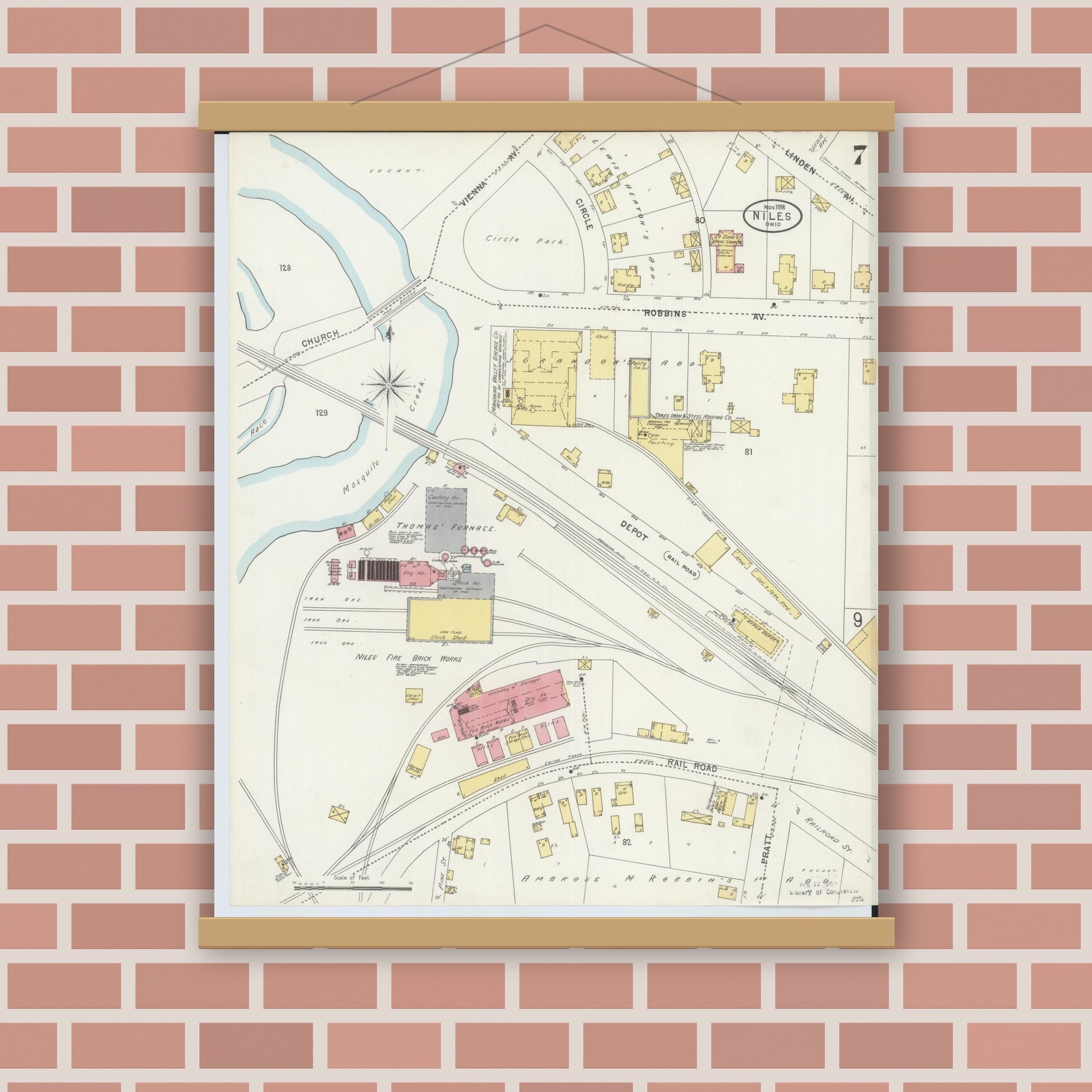 Old map wall art mockup — magnetic wood frame on brick wall — Sanborn Fire Insurance Map from Niles, Trumbull County, Ohio (1898), Sheet #0007