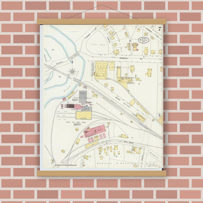 Old map wall art mockup — magnetic wood frame on brick wall — Sanborn Fire Insurance Map from Niles, Trumbull County, Ohio (1898), Sheet #0007