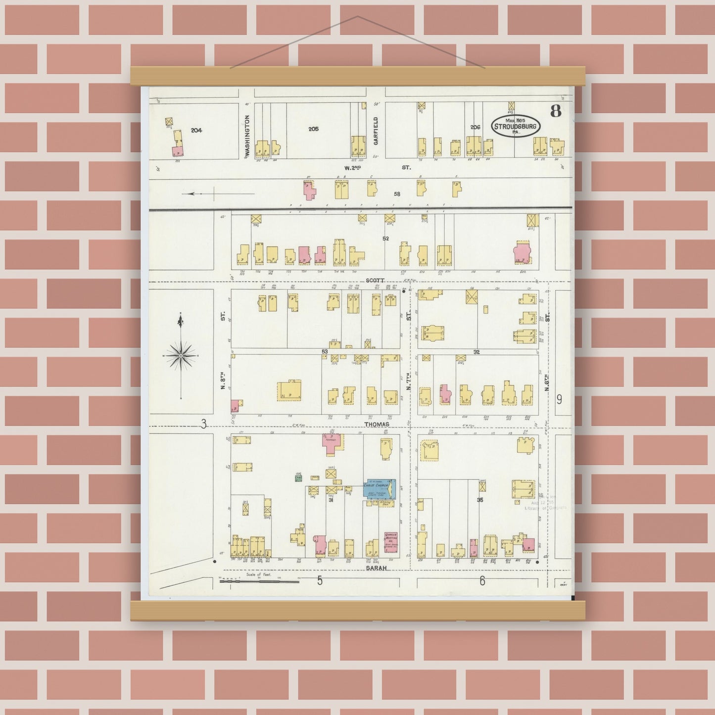 Old map wall art mockup — magnetic wood frame on brick wall — Sanborn Fire Insurance Map from Stroudsburg, Monroe County, Pennsylvania (1905), Sheet #0008