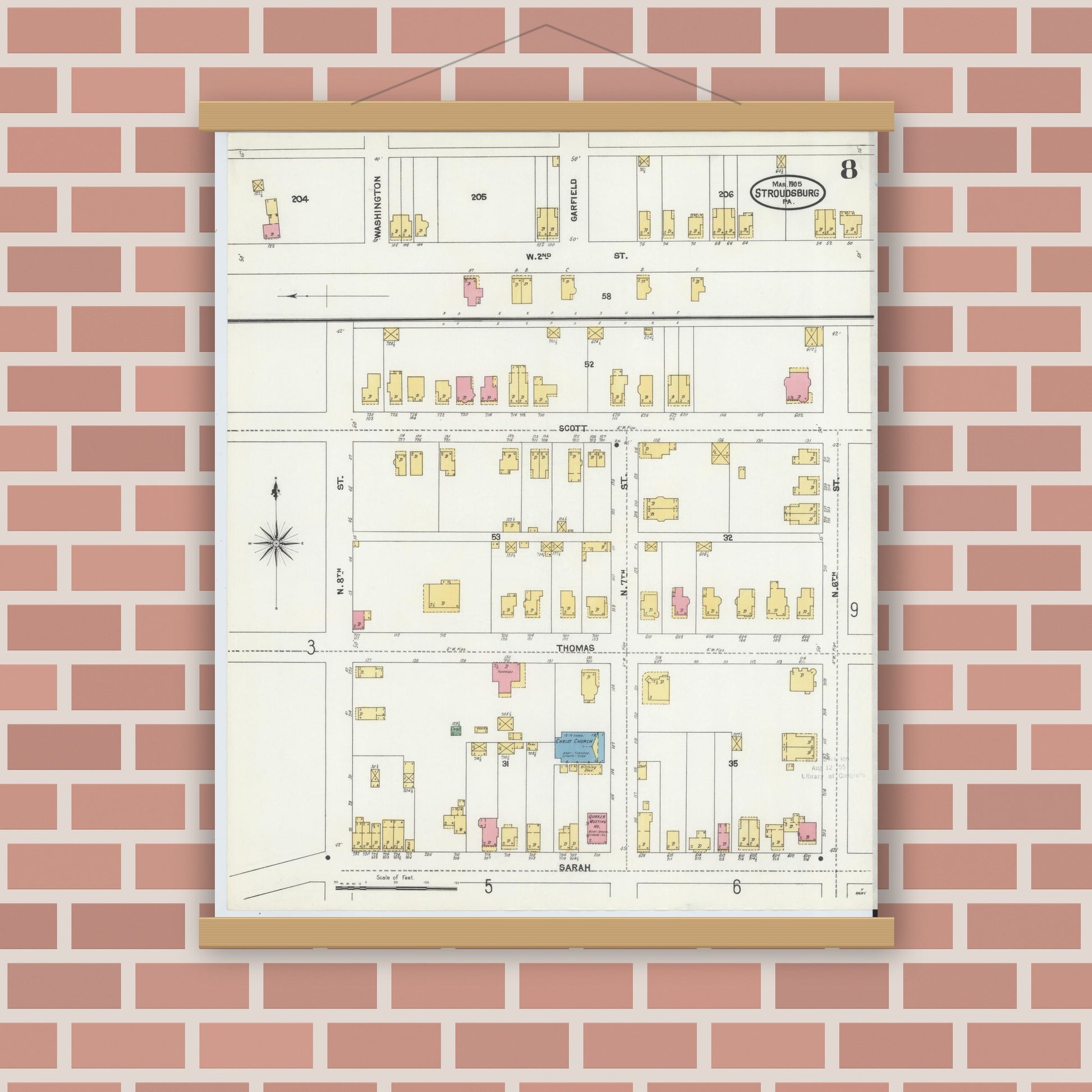 Old map wall art mockup — magnetic wood frame on brick wall — Sanborn Fire Insurance Map from Stroudsburg, Monroe County, Pennsylvania (1905), Sheet #0008