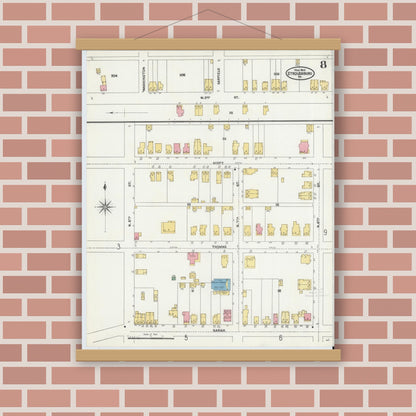 Old map wall art mockup — magnetic wood frame on brick wall — Sanborn Fire Insurance Map from Stroudsburg, Monroe County, Pennsylvania (1905), Sheet #0008
