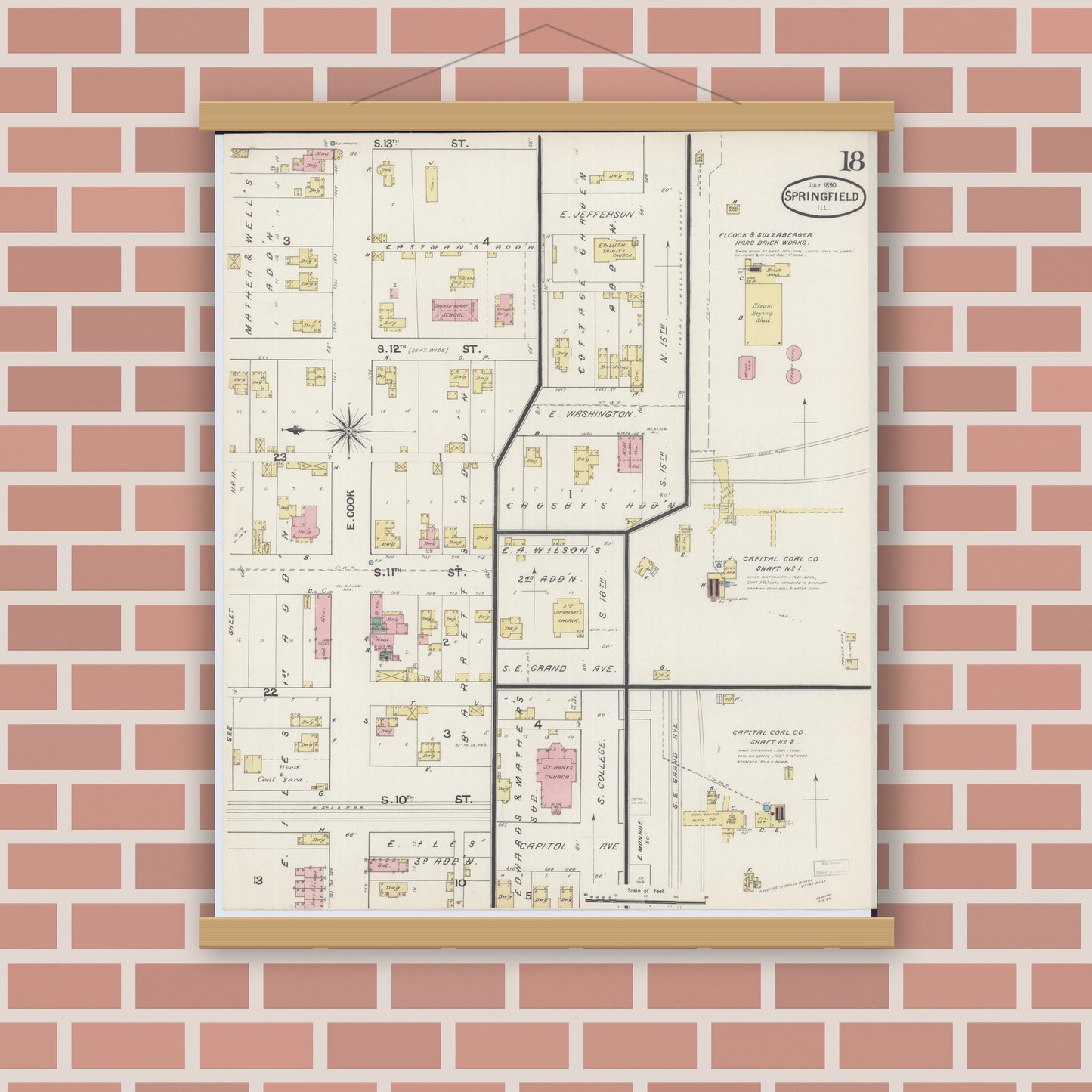 Old map wall art mockup — magnetic wood frame on brick wall — Sanborn Fire Insurance Map from Springfield, Sangamon County, Illinois (1890), Sheet #0018
