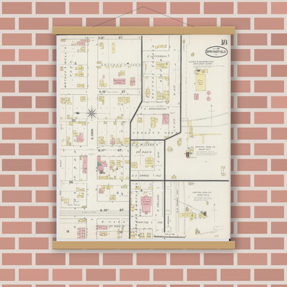 Old map wall art mockup — magnetic wood frame on brick wall — Sanborn Fire Insurance Map from Springfield, Sangamon County, Illinois (1890), Sheet #0018