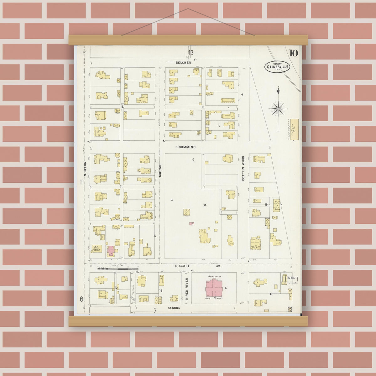 Old map wall art mockup — magnetic wood frame on brick wall — Sanborn Fire Insurance Map from Gainesville, Cooke County, Texas (1897), Sheet #0010