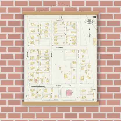 Old map wall art mockup — magnetic wood frame on brick wall — Sanborn Fire Insurance Map from Gainesville, Cooke County, Texas (1897), Sheet #0010