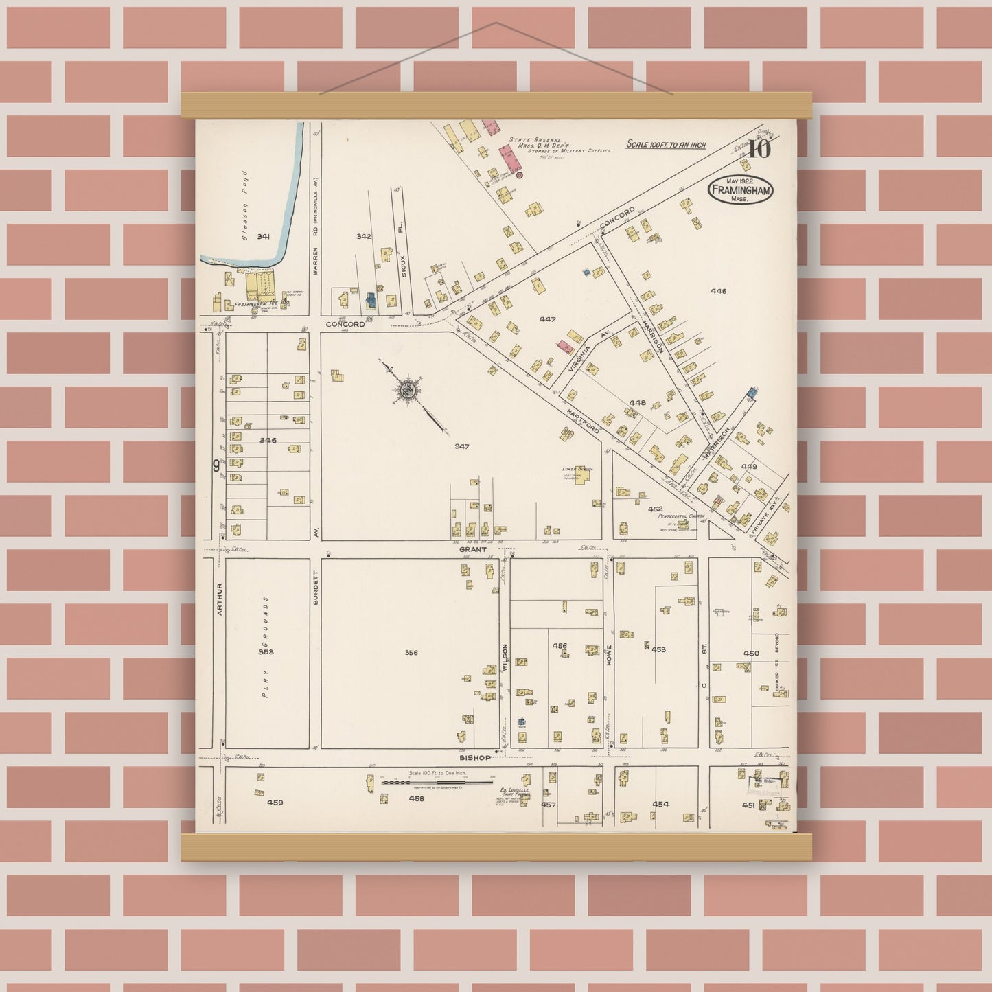 Old map wall art mockup — magnetic wood frame on brick wall — Sanborn Fire Insurance Map from Framingham, Middlesex County, Massachusetts (1922), Sheet #0010