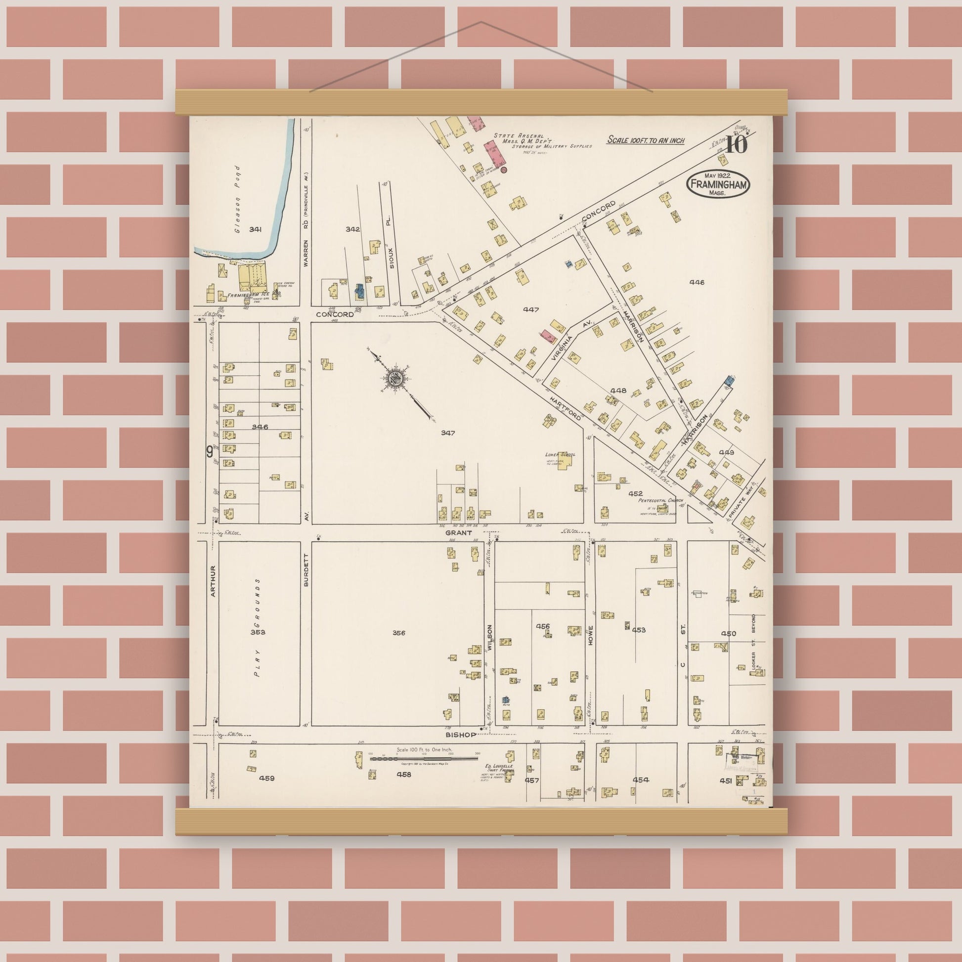 Old map wall art mockup — magnetic wood frame on brick wall — Sanborn Fire Insurance Map from Framingham, Middlesex County, Massachusetts (1922), Sheet #0010