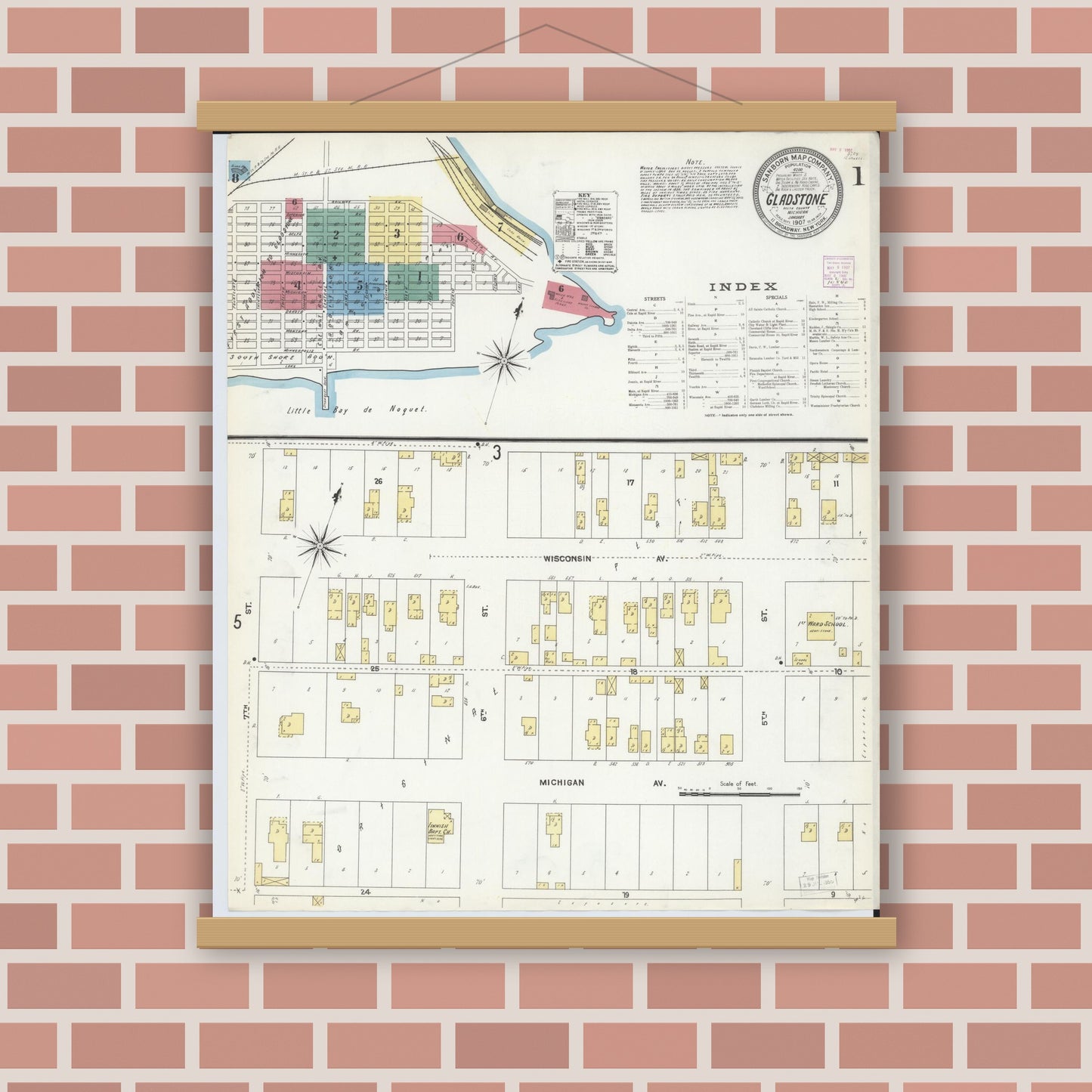 Old map wall art mockup — magnetic wood frame on brick wall — Sanborn Fire Insurance Map from Gladstone, Delta County, Michigan (1907) - Complete Map Set