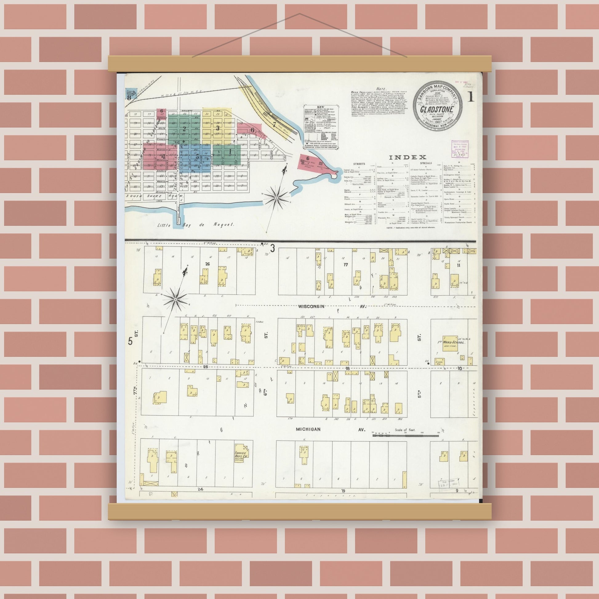 Old map wall art mockup — magnetic wood frame on brick wall — Sanborn Fire Insurance Map from Gladstone, Delta County, Michigan (1907) - Complete Map Set