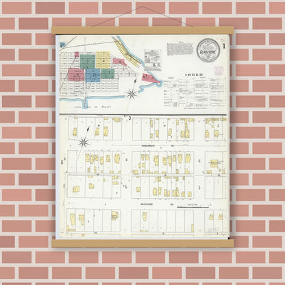 Old map wall art mockup — magnetic wood frame on brick wall — Sanborn Fire Insurance Map from Gladstone, Delta County, Michigan (1907) - Complete Map Set