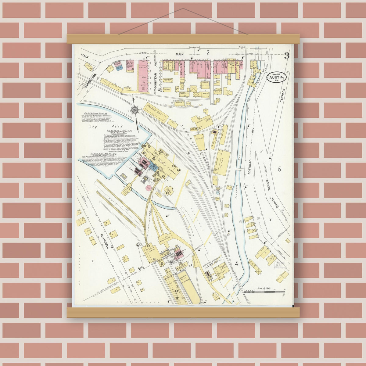 Old map wall art mockup — magnetic wood frame on brick wall — Sanborn Fire Insurance Map from Austin, Potter County, Pennsylvania (1911), Sheet #0003