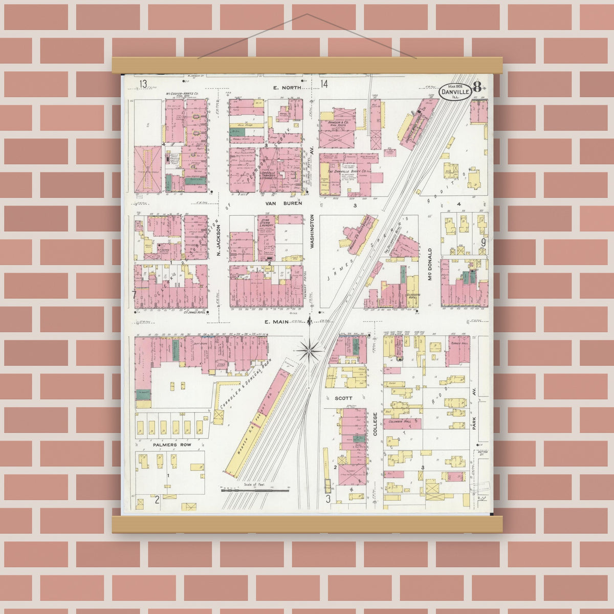 Old map wall art mockup — magnetic wood frame on brick wall — Sanborn Fire Insurance Map from Danville, Vermilion County, Illinois (1909), Sheet #0008