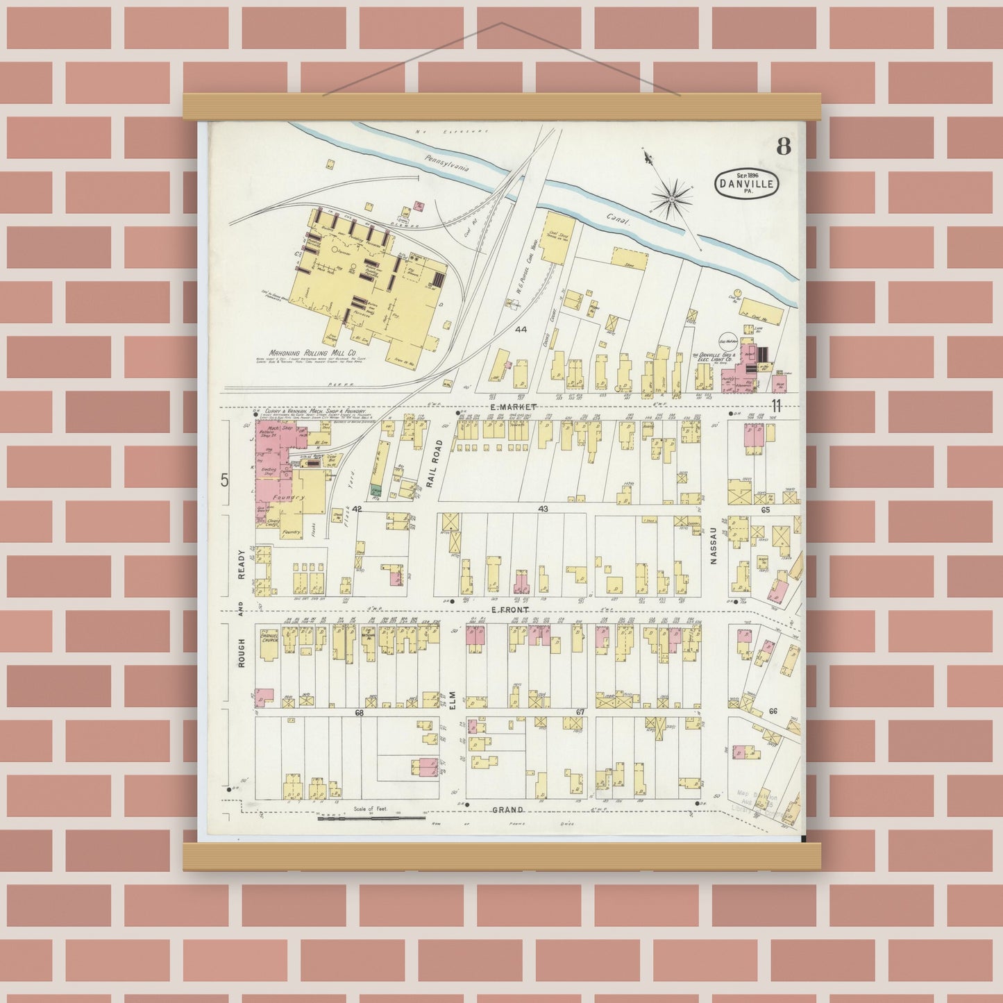 Old map wall art mockup — magnetic wood frame on brick wall — Sanborn Fire Insurance Map from Danville, Montour County, Pennsylvania (1896), Sheet #0008