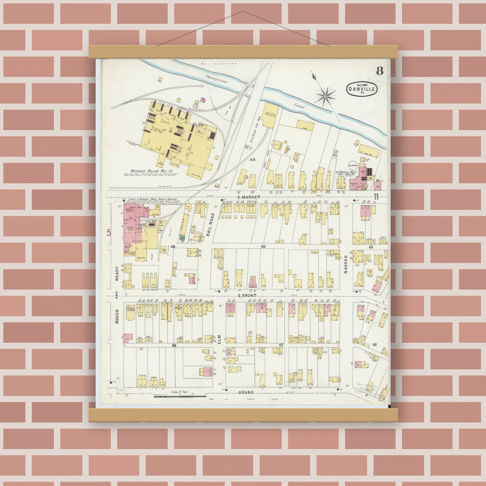 Old map wall art mockup — magnetic wood frame on brick wall — Sanborn Fire Insurance Map from Danville, Montour County, Pennsylvania (1896), Sheet #0008